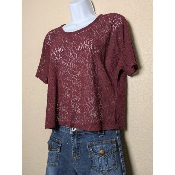 Joe Boxer Burgundy Lace Sheer Crop Top Size Large Whimsigoth Grunge Romantic - Picture 8 of 9